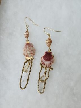 Handmade Pink Shell & Crystal Drop Earrings - Gold Tone
